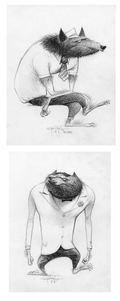 two drawings of a man bending over with his head on the ground, and another drawing of a wolf behind him