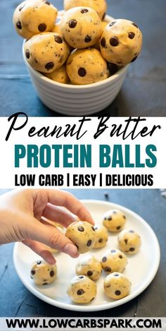 a white plate topped with chocolate chip cookies and text reading peanut butter protein balls low carb easy i delicious