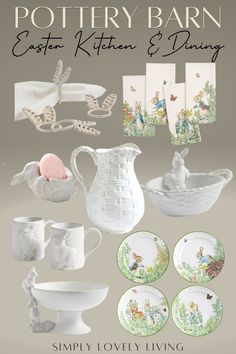 pottery barn easter kitchen and living catalog cover with bunny figurines, dishes, cups, napkins, plates