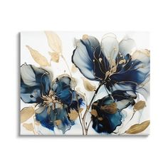 an abstract painting with blue flowers and gold leaves on white canvas, mounted to the wall