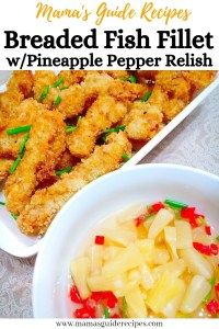 two bowls filled with breaded fish fillets next to a bowl of pineapple pepper relish