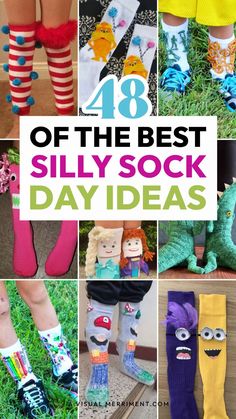 I've scoured the web for 48 of my favourite crazy sock day ideas to get you inspired! Whether you call them crazy, silly, funny, wacky or cheesy socks. It doesn't matter, they're all good fun and great for spirit week, fundraising or bringing awareness for charities and organisations. You'll find quick, easy silly socks. DIY or last-minute store bought options too. Find them at A Visual Merriment | #crazy #silly #socks #kids Diy Wacky Socks, Kids Silly Socks, Crazy Socks Day Diy, Crazy Sock Diy, Crazy Sock Day Ideas, Crazy School Day, Crazy Socks For Kids, Crazy Sock Day, Spirit Day Ideas