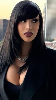 French Hairstyles Black Women, Deep Side Part Natural Hair Black Women, Platinum Bangs With Black Hair, Side Bangs Wedding Hair, Ponytail With Straight Bangs, Jet Black Hair Silk Press, Headband Wig Outfit, Black Woman Bangs Hair, Double Bangs Hairstyle