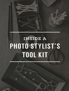 the inside of a photo stylist's tool kit with scissors and other items