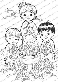 an adult coloring page with two children in front of a pot full of flowers and birds