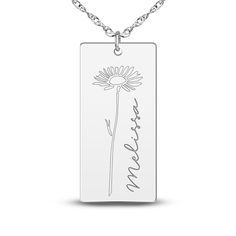 A lustrous high-polish, personalized rectangular pendant is adorned with a flower and displays a name proudly alongside in this vibrant women's necklace. Fashioned in 14K white gold, the 18-inch rope chain secures in place with a spring ring clasp. Personalize with 1 line up to 8 characters. Elegant Name Necklace With Flower Pendant, Elegant Rectangular Jewelry With Engraving Option, Personalized Yellow Gold Rectangular Necklace, Mother's Day Yellow Gold Rectangular Necklace, Yellow Gold Rectangular Necklace For Mother's Day, Personalized Jewelry Gift With Rectangular Pendant, Yellow Gold Necklace For Mother's Day, Mother's Day Rectangular Yellow Gold Necklace, Personalized Rectangular Pendant Jewelry