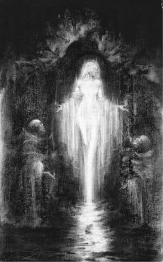 a black and white drawing of a woman standing in front of a waterfall