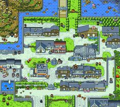 a map of a town with lots of buildings and trees on it's sides