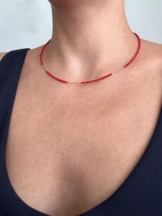 .Stylish choker made of minimal cut coral beads. .Micro silver pieces are handmade and gold plated. .Closure is gold plated silver. .A jewel that will elevate your style. .This minimal red stone necklace will make you feel very elegant and good. 💌D E T A İ L S Unique  Minimalis style Materials: Silver,Semi-Precious Stone Closure:Gold Plated Sterling Silver Hook Necklace Length: 47 CM (19 inches) 📐L E N G T H  A D J U S T M E N T S Measurements and weight are close approximations. If have conce Minimalist Faceted Bead Choker Necklace, Gold Single Strand Red Coral Jewelry, Minimalist Gemstone Beads Choker As Gift, Minimalist Gemstone Beads Choker Gift, Dainty Red Necklace With Tiny Beads, Red Minimalist Beaded Necklace With Tiny Beads, Minimalist Gemstone Beads Choker, Minimalist Red Beaded Necklace With Tiny Beads, Coral Beaded Chain Jewelry