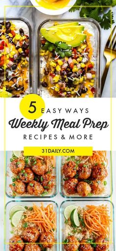 five meal prep meals with text overlay that reads 5 easy ways weekly meal prep recipes and more