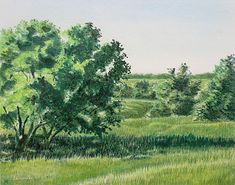 a painting of some trees in the grass