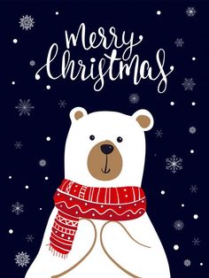 a polar bear wearing a red scarf with the words merry christmas on it