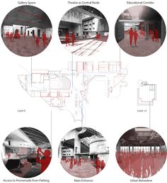 an architectural diagram shows the various sections of a building with red paint on it and people walking around