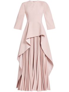 light pink draped detailing round neck concealed rear zip fastening three-quarter length sleeves wide sleeves fitted waistline pleated skirt straight hem maxi Pink Midi-length Pleated Dress For Formal Occasions, Pink Pleated Midi Dress For Formal Occasions, Pink Midi Length Pleated Formal Dress, Pink Midi Length Pleated Dress For Formal Occasions, Formal Pink Midi-length Pleated Dress, Pink 3/4 Sleeve Evening Dress, Pink Evening Dress With 3/4 Sleeves, Pink Pleated Waist Midi Dress For Evening, Pink Midi Dress With Pleated Waist For Evening