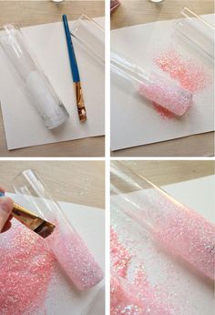 the process of making pink and white glitter in acrylic paint is shown here