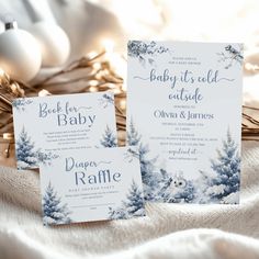 two baby it's cold outside wedding cards with snowflakes on the background