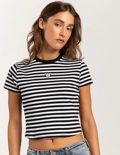 GUESS ORIGINALS Go Core Womens Baby Tee - WHT/BLK | Tillys Trendy Striped Crew Neck Top, Striped Cotton Crew Neck Top, Sporty Striped Crew Neck Top, Trendy Striped Crew Neck Shirt, Basic Striped Short Sleeve Tops, Striped Cotton Crew Neck Crop Top, Trendy Striped Crop Top, Sporty Striped Tops For Spring, Casual Striped Short Sleeve Crop Top