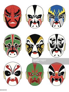 six different colored masks with faces painted on them