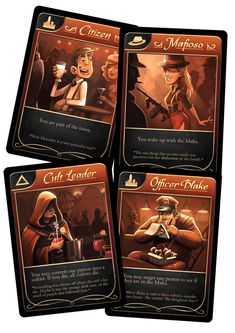 four cards with different characters on them