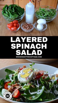 A bowl filled with the LAYERED SPINACH SALAD  plus, a second image of the ingredients needed to make it! Layered Spinach Salad, Spinach Salad Recipes, Micro Greens, Layered Salad, Creamed Spinach, Easy Salad Recipes, Spinach Salad, Salad Dressing Recipes, Baby Spinach