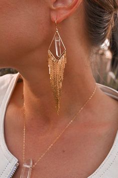 clear quartz crystal gold fringe dangle earrings Fringe Dangle Chandelier Earrings As Gift, Chic Jewelry For Pierced Ears For A Night Out, Chic Long Drop Earrings For Party, Party Fringe Earrings, Gold Teardrop Tassel Earrings, Glamorous Gold Earrings For Night Out, Chic Fringe Jewelry For Party, Long Drop Fringe Earrings Gift, Long Drop Fringe Earrings For Gift