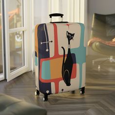 Jet off in retro style with our Atomic Cat Luggage Cover! Inspired by the iconic mid-century modern era, this cover boasts a playful cat silhouette against a backdrop of teal, mustard yellow, and cream, evoking the classic starburst designs of the 50s and 60s. Made for the modern traveler with a vintage heart, it's the perfect blend of nostalgia and function, ensuring your carry-on stands out on any carousel. Easy to use, durable, and oh-so-chic, it's the must-have accessory for your next advent Retro Rectangular Travel Luggage, Retro Rectangular Cases With Luggage Sleeve, Atomic Cat, Luggage Cover, Cat Silhouette, The 50s, Vintage Heart, Carousel, Mustard Yellow