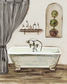 a drawing of a bathroom with a bathtub and sink in front of a mirror