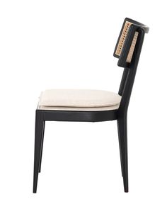 a black chair with a white cushion on the seat and backrest, in front of a white background