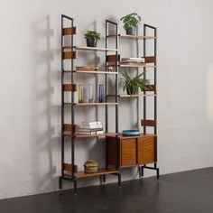 a bookshelf with two plants on top of it next to a book shelf