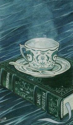 a cup and saucer sitting on top of an old book in the middle of water