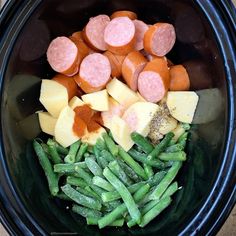 the food is prepared and ready to be cooked in the crock pot for dinner