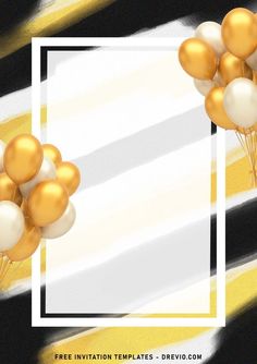 gold and white balloons floating in the air with a square frame on top of it