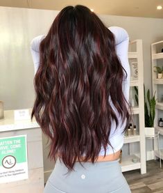 Burgundy On Brown Hair, Brunette Balayage Hair With Red, Maroon Lowlights Brunettes, Brunette And Burgundy Hair, Dark Red Fall Hair, Dark Brown Hair With Hints Of Red, Brown With Maroon Highlights, Red Wine Highlights On Brown Hair, Dimensional Brunette With Red