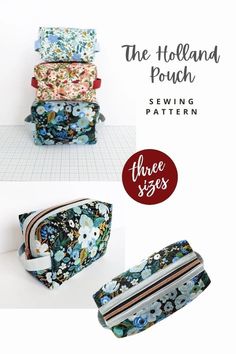 the holland pouch sewing pattern is shown in three different colors and sizes, including blue flowers