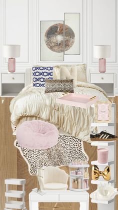 a bedroom with white furniture and pink accessories on the bed, along with other items