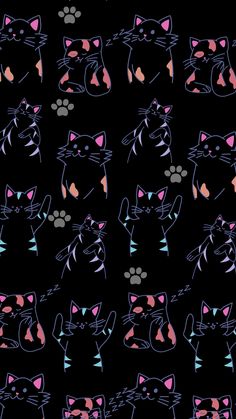 a black background with pink and blue cats on it's sides, all looking at the same direction