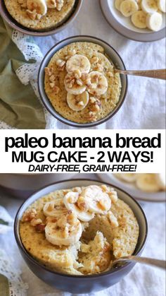 three bowls filled with banana bread and topped with bananas