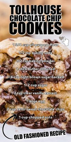 chocolate chip cookies stacked on top of each other with text describing how to use them