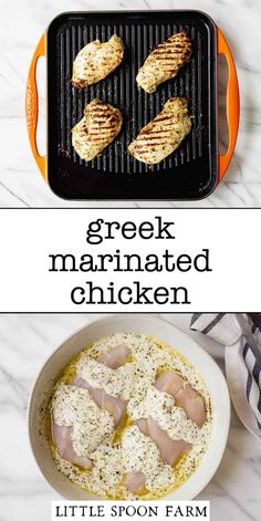 the ingredients for greek marinated chicken are shown in separate pans and on top of a white marble countertop