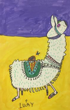 a drawing of a llama on a yellow and purple background with the words lucky written below it