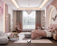 the bedroom is decorated in pink and white