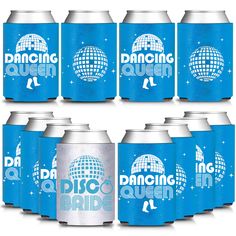 six cans of dancing queen energy drink are shown in this set, with the logo on each can