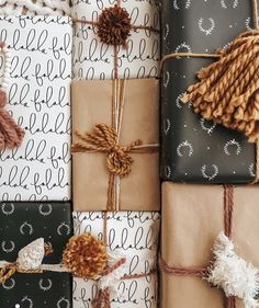 presents wrapped in brown and black wrapping paper