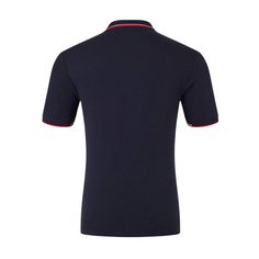 the navy polo shirt with red trims