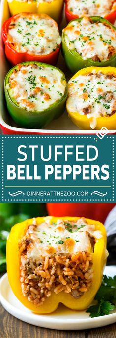 stuffed bell peppers with cheese and parsley in the middle, on a white plate