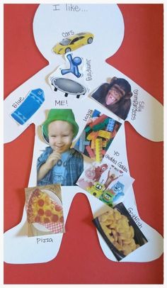 a child's paper cutout with pictures of different foods and things on it