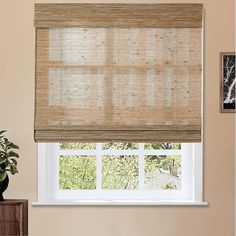 a window with a bamboo roman blind in front of it and a potted plant next to the window