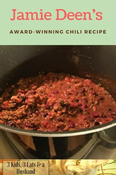 the cover of jamie deen's award winning chili recipe, with a cat looking on