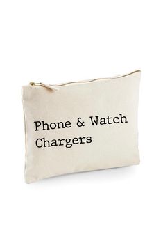 a white pouch bag with the words phone and watch chargers printed in black on it