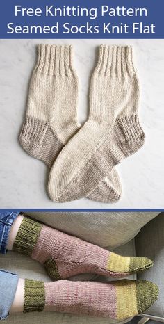 two knitted socks sitting next to each other with text overlay that reads free knitting pattern seamed socks knit flat